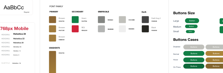 Design System Style Guide showing typography, color palette, gradients, and button specifications