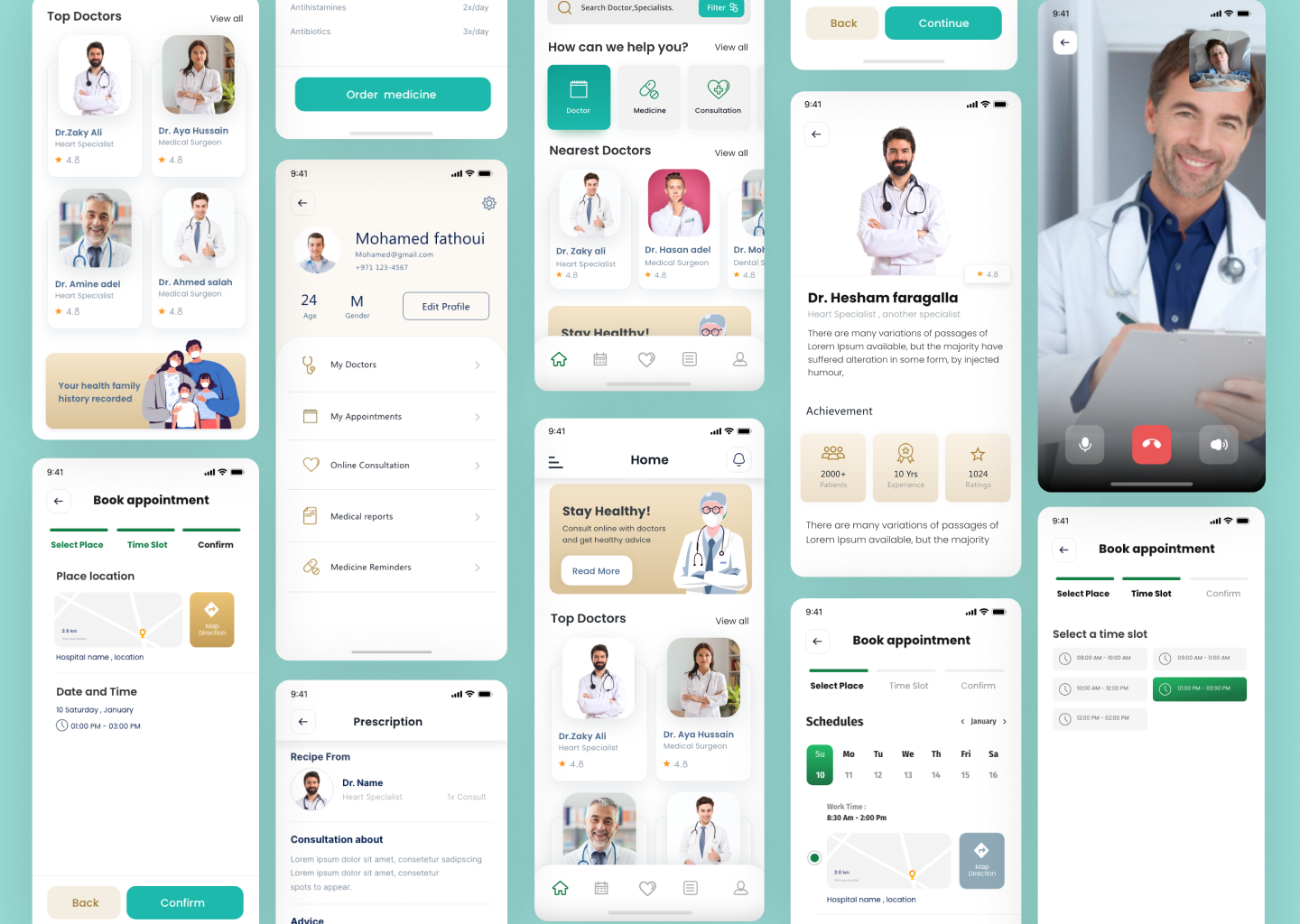 Ministry of Health mobile app screens showing doctor listings, profiles, appointment booking, prescriptions, and telemedicine features